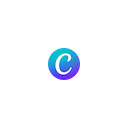 图片展示的是Canva AI的LOGO，背景为蓝紫色渐变，中间是一个带有蓝色边框的白色圆形，圆形内有字母“C”。该图片位于介绍AI设计排版工具Canva AI的文档中，用以直观呈现Canva AI的品牌标识，辅助说明其是AI生成和设计排版结合，适合不会设计的人快速做封面、海报和社媒图的工具，适用于小红书封面、课程海报等场景。